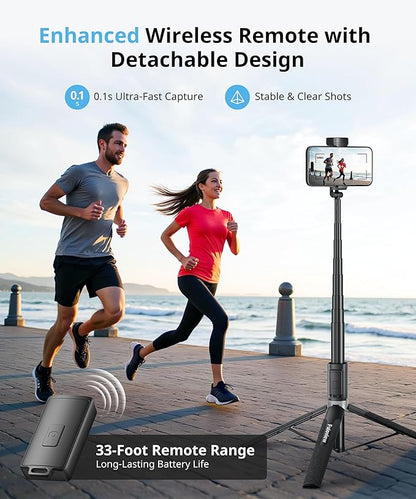 Selfie Stick Travel Tripod for iPhone Wireless Remote for Selfies, Extendable Selfie Stick for iPhone, iPhoneTripod for Video Recording, 60 inch, Black