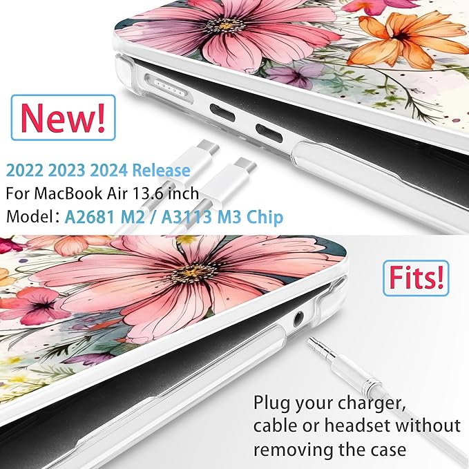 Mektron for 2025 M4 MacBook Air 13.6 Inch A3240 Case Fits 2023 A2681 M2 2024 A3113 M3 Chip with Liquid Retina Display Touch ID, Printed Plastic Hard Shell Cover for MacBook Air 13.6", Colorful Floral