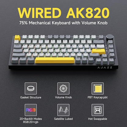 Ajazz AK820 75% Wired Gasket Mechanical Gaming Keyboard with Volume Knob - South Facing LED - PBT Keycaps - Programmable RGB Hot Swap Keyboard