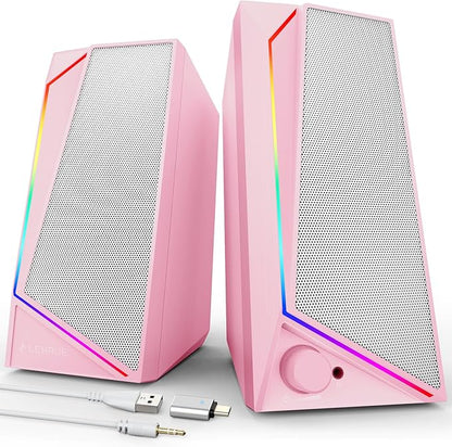 LENRUE Computer Speakers, USB/USB-C Powered PC Speakers with Loud Stereo Sound, Headphone-in for Desktop, iMac, MacBook, Laptop, Monitor (USB-C to USB Adapter Included) (Pink)