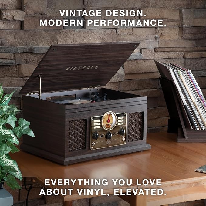 Victrola The Quincy 6-in-1 Bluetooth Record Player & Multimedia Center with Built-in Speakers – 3-Speed Turntable, CD & Cassette Player, AM/FM Radio, Wireless Music Streaming (Natural)