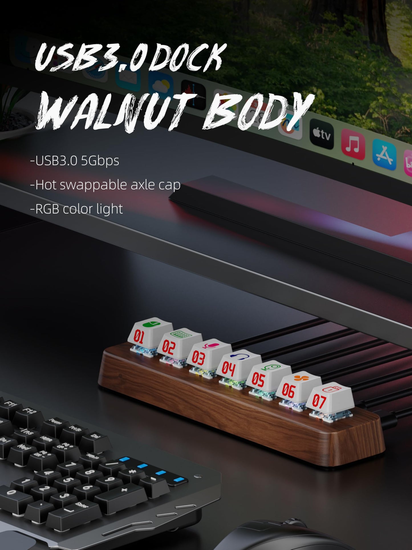 FEIFANZHE Walnut Wood 7-Port Powered USB 3.0 Hub, 5Gbps Data Transfer, Independent Hot-Swappable 3-Pin Mechanical Keyboard Switch Expander, RGB Backlit Docking Station-FU07