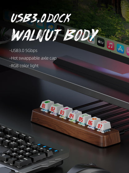 FEIFANZHE Walnut Wood 7-Port Powered USB 3.0 Hub, 5Gbps Data Transfer, Independent Hot-Swappable 3-Pin Mechanical Keyboard Switch Expander, RGB Backlit Docking Station-FU07