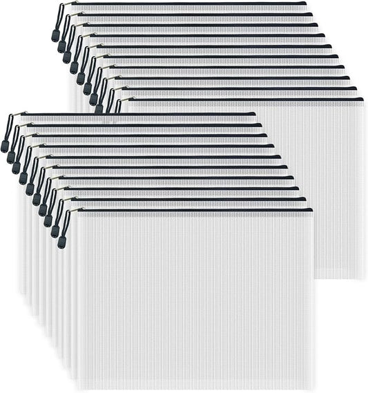 AUSTARK 20pcs Mesh Zipper Pouch Bags, Multipurpose Waterproof Organization Storage Bag for Office School Home Travel (B4 Size 15''x11'', White and Black)