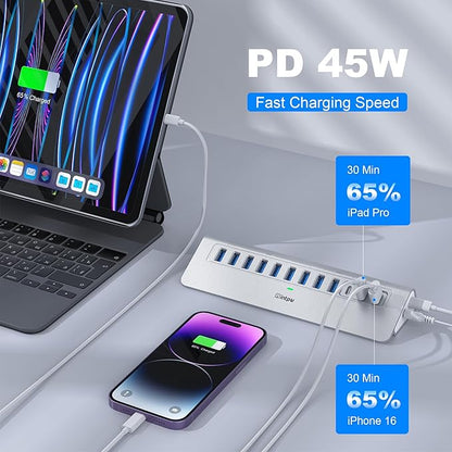Powered USB Hub 10Gbps, intpw 12 Port USB C Hub with 10Gbps USB C 3.2, 2 USB A 3.2, 7 USB 3.0, 2 PD 45W Charging Ports, 65W Power Adapter and 3.3FT Cable, Aluminum USB Hub for Laptop, iPhone16/15, PC