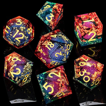 ARUOHHA Liquid Core DND Dice Set, 7pcs Resin Sharp Edged Dragons Dice Compatible with D&D Role Playing Games, RPG Golden Numbers Orange Green Dungeons Polyhedral D and D Dice with Gift Box D20 D10 D6