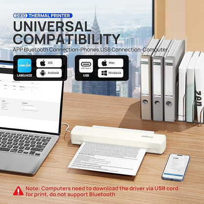 POLONO Portable Printer Wireless for Travel, D810 Bluetooth Thermal Printer Support for 8.5"x11" US Letter, Beige