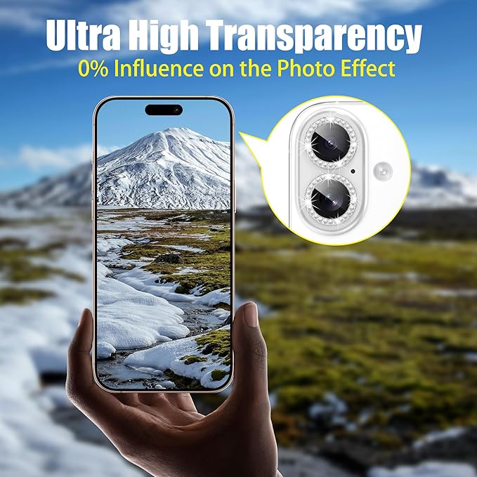 AGVEE 3+3 6 Pack for iPhone 16 6.1" / 16 Plus 6.7" Camera Lens Cover Protector, Bling Diamond & Bling Glitter Metal Ring 9H Tempered HD Glass Camera Cover Protector Film, Bling-Silver