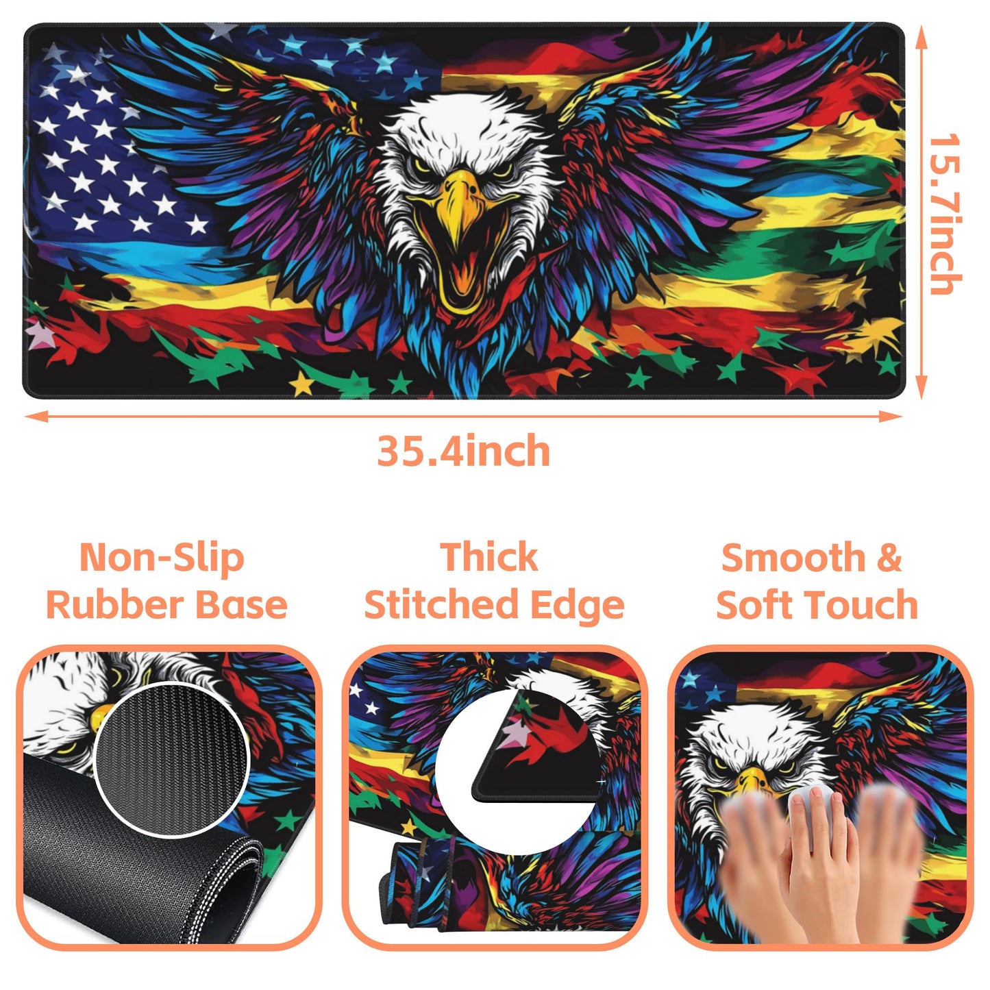 NIYLYNSYN Mouse Pad Large Flag with an Eagle Non-Slip Gaming Desk Mat with Stitched Edge Laptop Keyboard Desk Pad for Work Home Gaming (35.4 x 15.7 Inches)