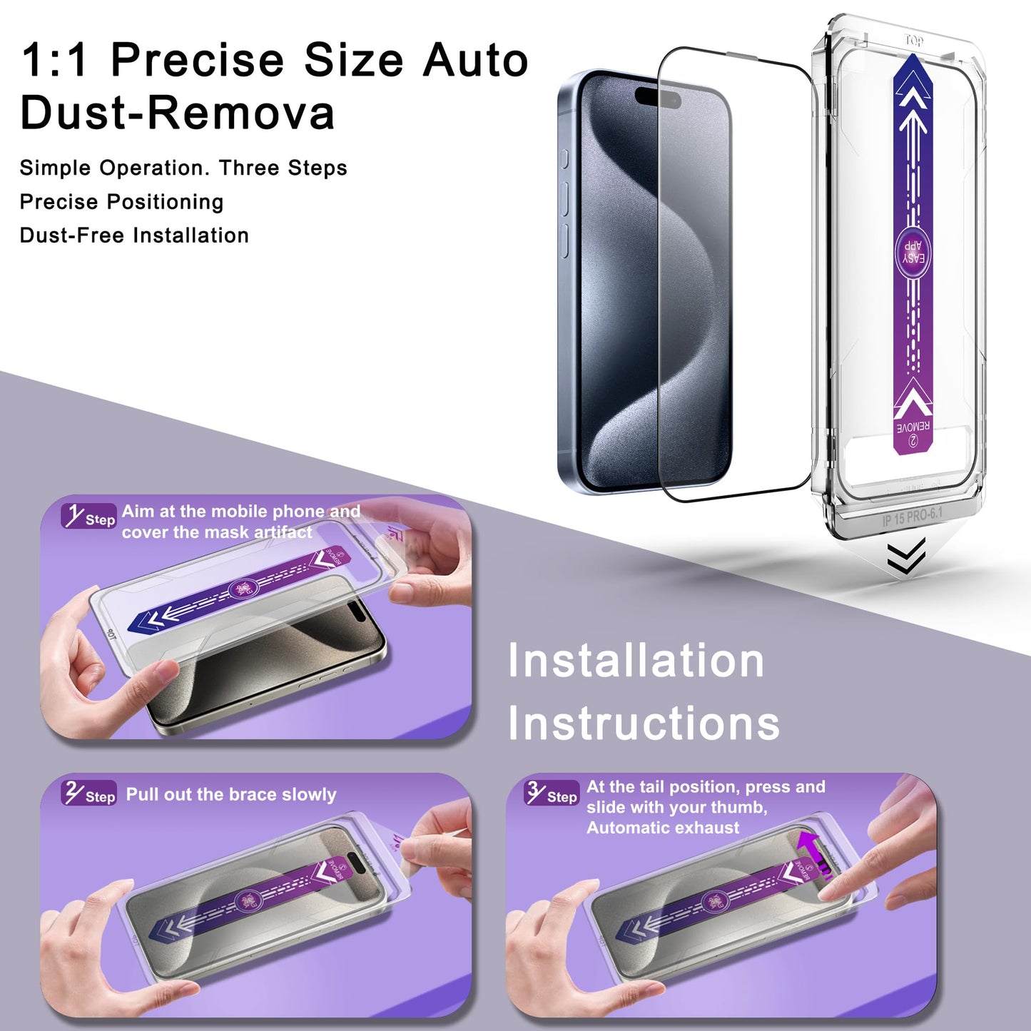 CHRYSHA 2-Pack Screen Protector Tempered Glass for iPhone 15 Pro 6.1-Inch, Auto Dust Removal, No Bubbles, High Definition Clear, Easy Installation