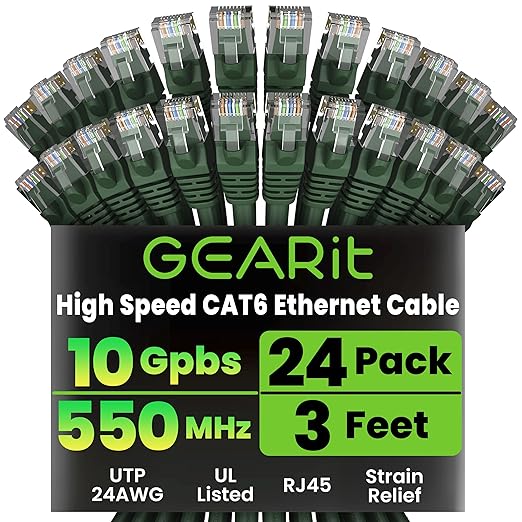 GEARit Cat 6 Ethernet Patch Cables 3 ft Green (Cat 6 Ethernet Cables 3 ft 24-Pack), CAT6 High Speed 24AWG 10Gbps RJ45 Snagless Gold-Plated, Ethernet Cable for Router, Switch, PC, PS5 Gaming, Server