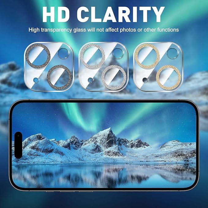 LucBuy 3PCS Sparkling Camera Lens Protector for iPhone 14/iPhone 14 Plus, Full Clear Acrylic Cover with Shiny Colorful Glitter Designed Decoration Back Camera Protector