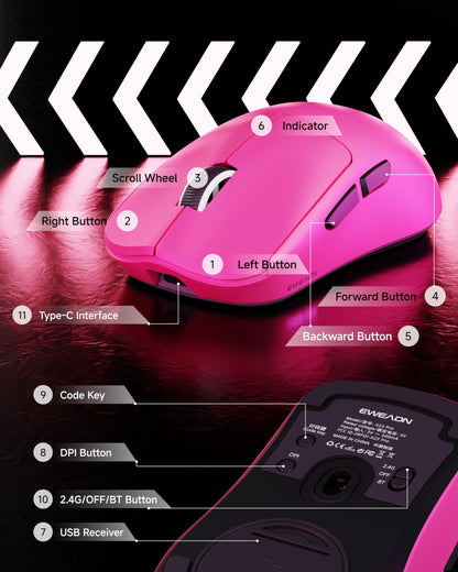 SEUNKWANG EWEAND X23 Pro Gaming Mouse, Tri-Mode 2.4G/USB-C/Bluetooth Wireless Mouse, PAW3311 Sensor, 12,000 DPI, 59g Lightweight, 1ms Ultra-Low Delay, Gaming & Computer Mouse for Laptop/PC/Mac-Pink