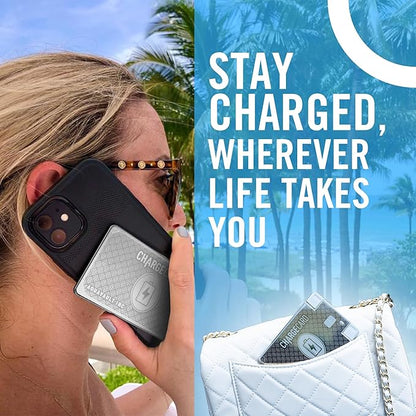 AquaVault ChargeCard – Ultra Slim Emergency Power Bank (2300mAh) – Fits in Wallet – USB-C & Micro-USB – Durable Steel Body – Flight-Safe Pocket Charger for iPhone 16/15/14/13/12, Android - (Platinum)