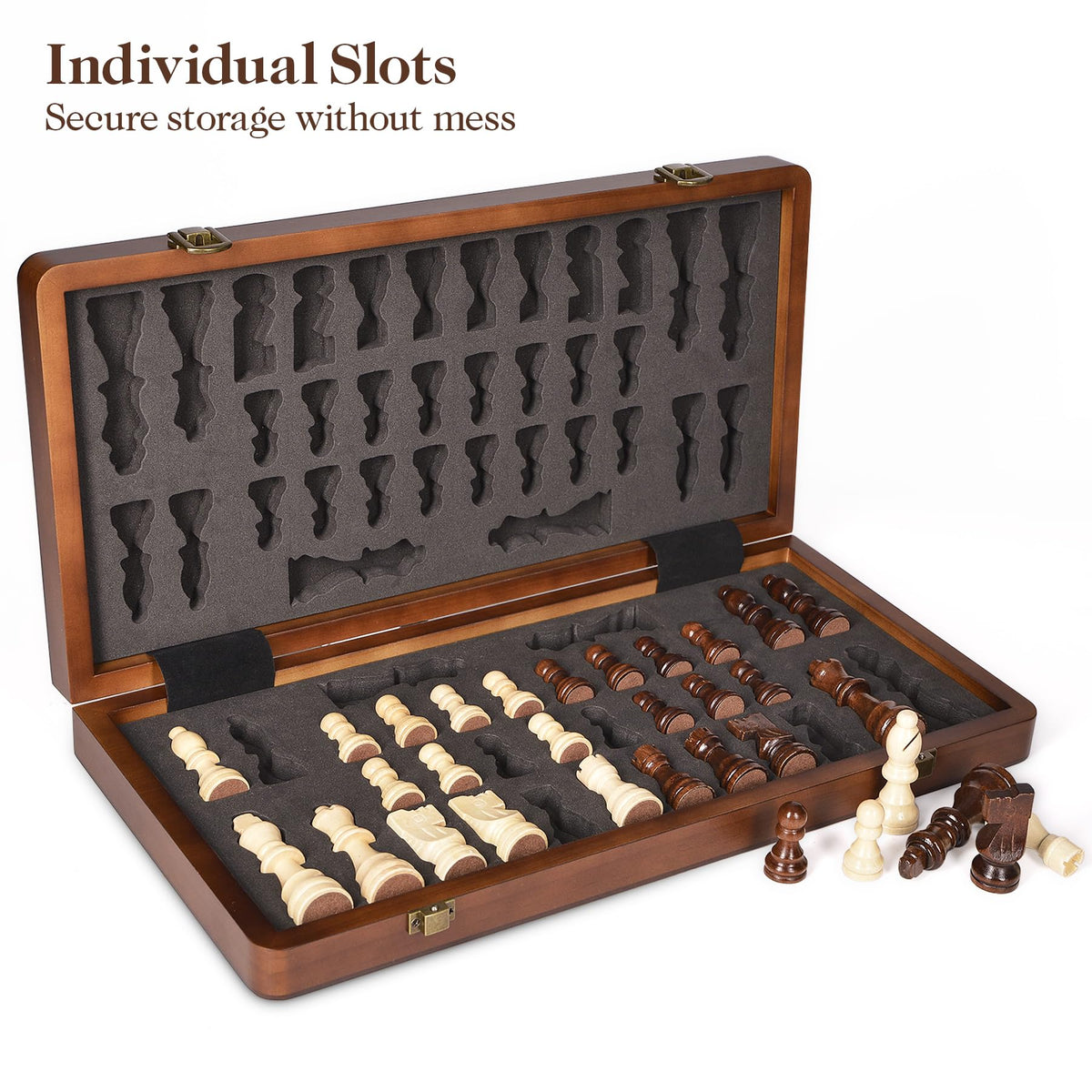 ELONGDI 15" Wooden Chess Set with Magnetic Pieces - Extra Queens - Folding Chessboard Portable Travel Tournament Chess Board Games for Adults Kids