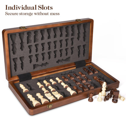 ELONGDI 15" Wooden Chess Set with Magnetic Pieces - Extra Queens - Folding Chessboard Portable Travel Tournament Chess Board Games for Adults Kids