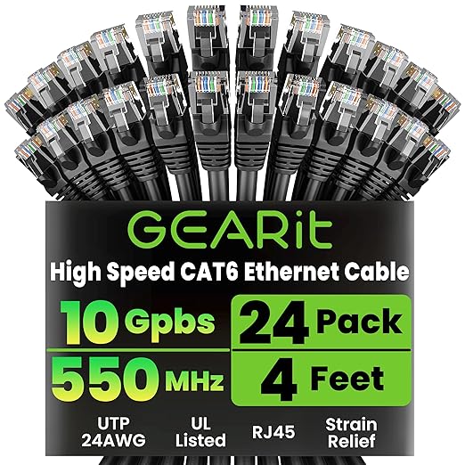 GEARit Cat 6 Ethernet Patch Cables 4 ft Black (Cat 6 Ethernet Cables 4 ft 24-Pack), CAT6 High Speed 24AWG 10Gbps RJ45 Snagless Gold-Plated, Ethernet Cable for Router, Switch, PC, PS5 Gaming, Server