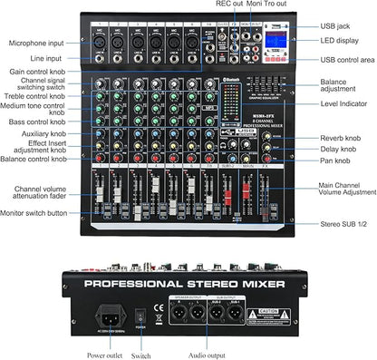Dj Mixers 8 Channel Audio Mixer Sound Board with Bluetooth, Usb Audio Interface with 48V Phantom Power Sounds Mixer Board with FX Reverb Delay Effect for Streaming