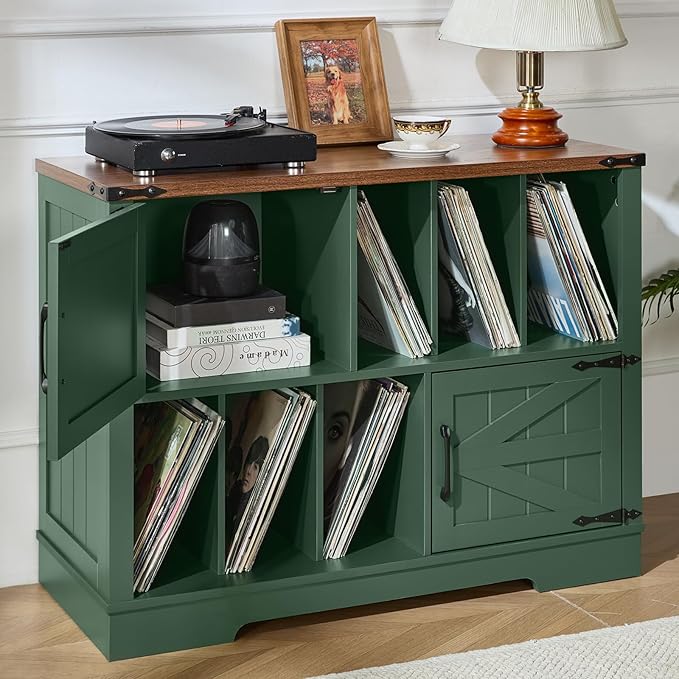 Large Record Player Stand with Vinyl Storage Up to 450 Albums, 39 Inch Farmhouse Wood Green Vinyl Records Storage Cabinet with Barn Doors, Mid-Century Accent Turntable Stand for Living Room
