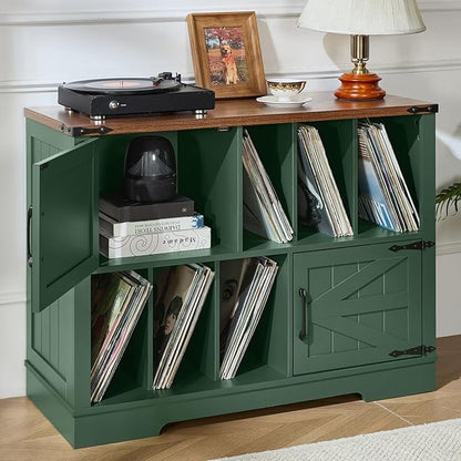 Large Record Player Stand with Vinyl Storage Up to 450 Albums, 39 Inch Farmhouse Wood Green Vinyl Records Storage Cabinet with Barn Doors, Mid-Century Accent Turntable Stand for Living Room