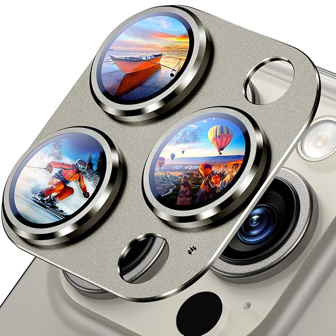 Uyiton Compatible with iPhone 15 Pro/iPhone 15 Pro Max Camera Lens Protector, [Not Easy to Break][Strong Adsorption][Case-Friendly] Metal Tempered Glass Rear Camera Screen Cover - Natural Titanium