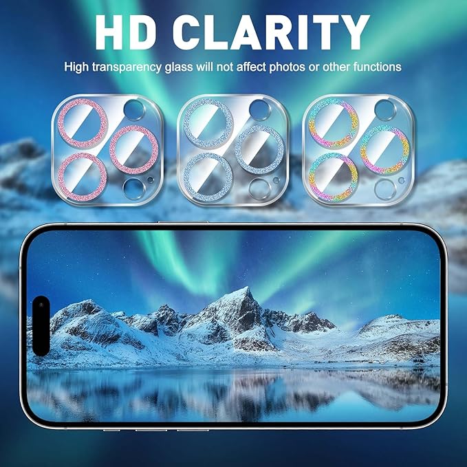 LucBuy 3PCS Sparkling Camera Lens Protector for iPhone 16 Pro/iPhone 16 Pro Max, Full Clear Acrylic Cover with Shiny Colorful Glitter Designed Decoration Back Camera Protector