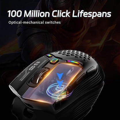 TENMOS M530 Wireless Gaming Mouse, 2.4G/Bluetooth/USB C Wired Rechargeable Mouse, 12000 DPI, RGB, 6 Programmable Buttons, Honeycomb Magnetic Cover, with Receiver Extender for Laptop/PC/Mac, Black