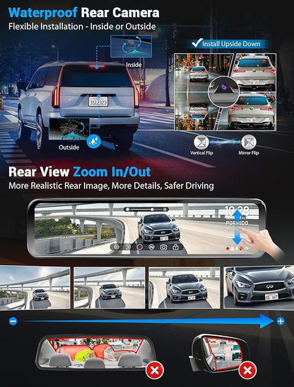 PORMIDO OEM Rear View Mirror Camera with Auto-Brightness, 11" Mirror Dash Cam with 2K Ultra-Bright Touchscreen, Detached Front Backup Rearview Zoom Built-in GPS Night Vision 64GB Card Parking Monitor