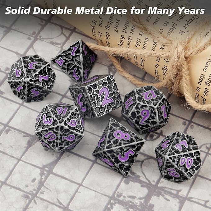 PJOY Metal Dice Set D&D for Dungeons and Dragons Dice with Case Meteorite Iron Purple 7PCS 16mm Role Playing Cool DND Gifts for Players DM Board Game Masters Wizards