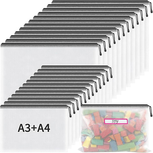 Umriox Black A3 A4 Mesh Zipper Storage Bags, 24 Pack File Organizer Pouches