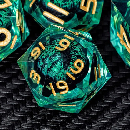 ARUOHHA Dragon Eye Dice Liquid Core DND Dice Green Sharp Edged Dice Set with Gift Box, Polyhedral D and D Dice Set Role Playing Game D20 D12 D10 D8 D6 D4