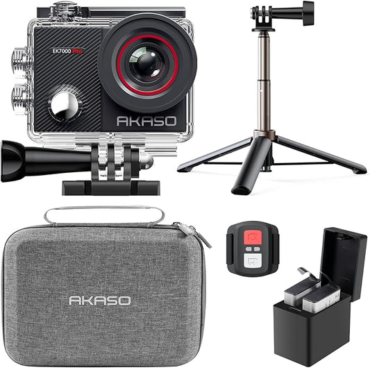 AKASO EK7000 Pro 4K30fps 20MP Action Camera EIS Ultra HD 131FT Waterproof Underwater Camera with Mini Selfie Stick Tripod and Carrying Case Helmet Accessories Kit Bundle