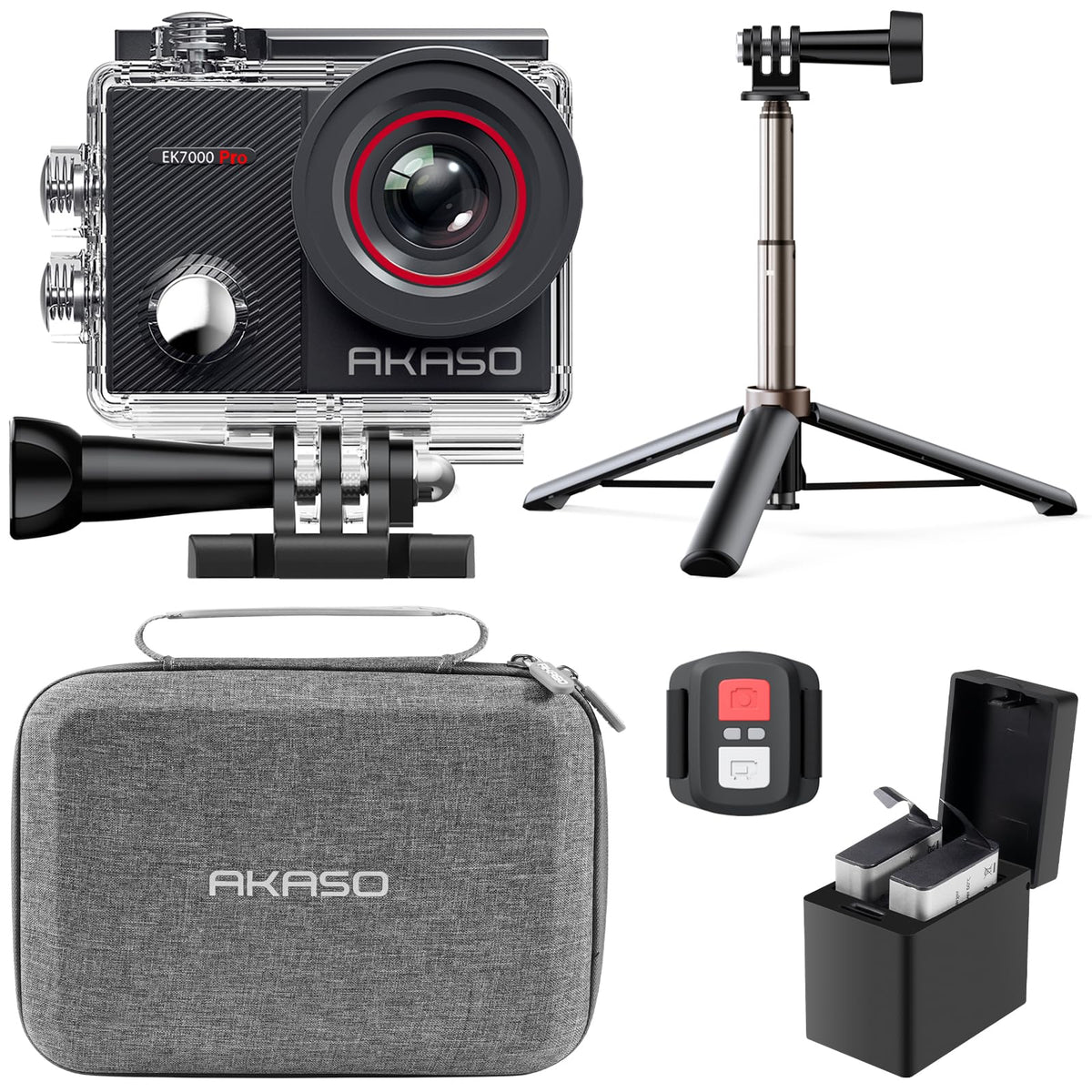 AKASO EK7000 Pro 4K30fps Action Camera with Touch Screen EIS 131ft Waterproof Underwater Camera Remote Control 5X Zoom with Helmet Accessories Kit (with 128GB MicroSD Card)