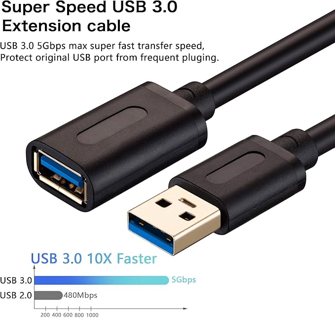 Tan QY USB 3.0 Extension Cable 1ft-2Pack, USB 3.0 High Speed Extender Cord Type A Male to Female for PlayStation, USB Flash Drive, Hard Drive, Card Reader,Scanner,Printer,Keyboard (1Ft-2Pack)
