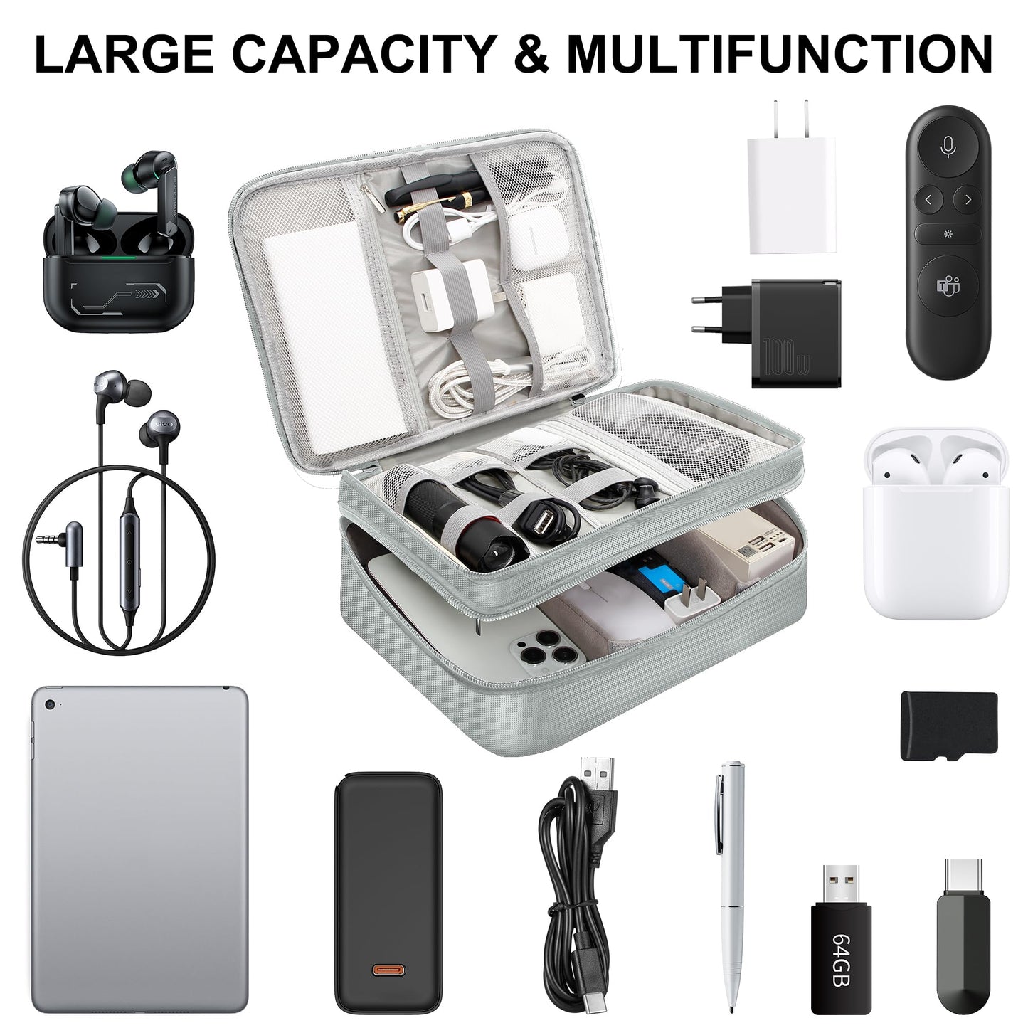 CILLA Electronic Organizer Travel Case, Travel Cord Organizer Case Portable Waterproof Cable Organizer Bag for Charger, Cord, USB, Power Bank, Earphone