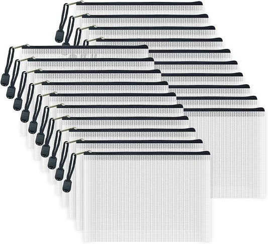 AUSTARK 20pcs Mesh Zipper Pouch Bags, Multipurpose Waterproof Organization Storage Bag for Office School Home Travel (B6 Size 7.6''x5.3'', White and Black)