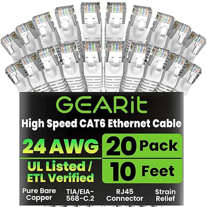 GearIT Cat 6 Ethernet Cable (20-Pack 10 Feet) Cat6 Network Patch, 10Gbps, RJ45, Snagless Cord, Gold-Plated Connectors, Internet for PC, TV, Tablet, Router, Printer, Servers, IT Data Center - White