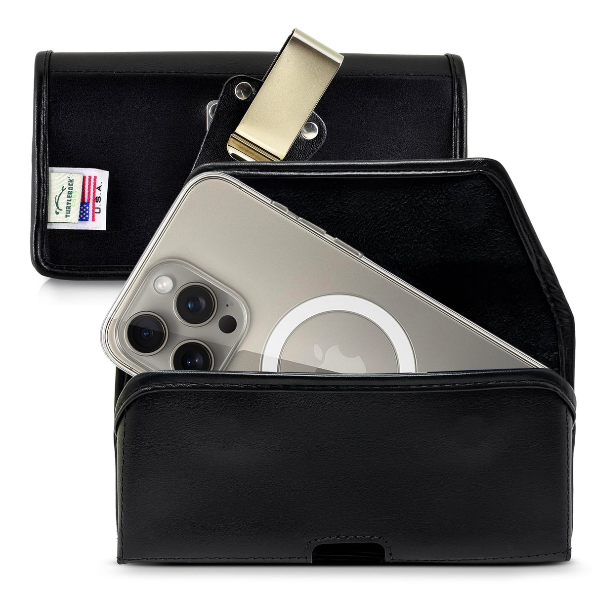 Turtleback Belt Holder for iPhone 16 Pro, 16e, 15 pro 14 Pro 13 Pro -Small- Fits w/Slim MagSafe Style Cases, Premium Black Leather Horiz. Belt Holster, Magnetic Closure, Leather Wrapped Belt Clip