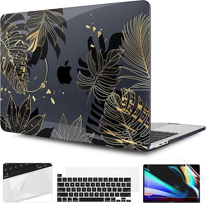 TWOLSKOO Compatible with MacBook Pro 13 inch Case 2023-2016 A2338 M2/M1 A2251 A2289 A2159 A1989 A1706, Plastic Hard Shell Cover & Keyboard Skin & Screen Protector - Golden Tropical Leaf