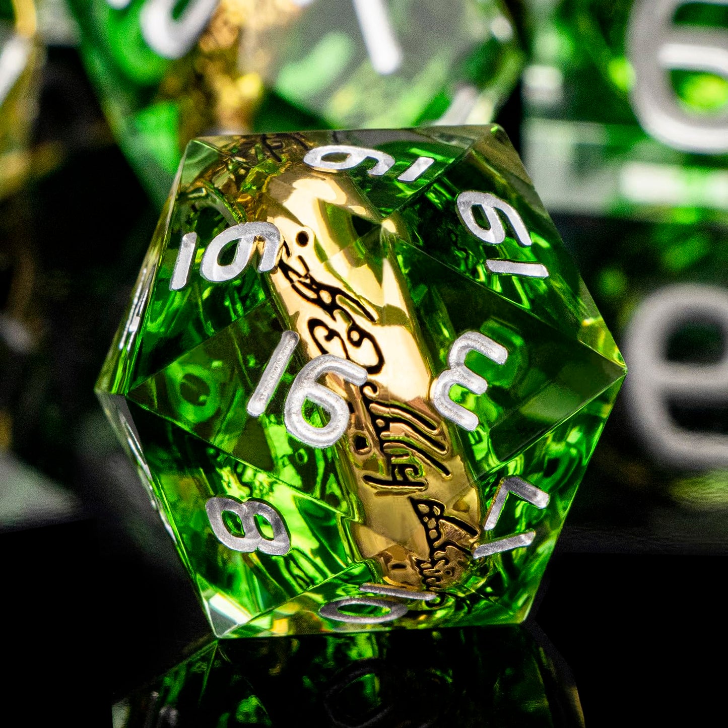 ORIFANTOU Magic Golden Ring DND Dice Set with Case, Green Resin Sharp Edge D and D Dice for use with D&D Tabletop Games Lord Handmade Polyhedral Dice Set D20 D12 D10 D8 D6 D4