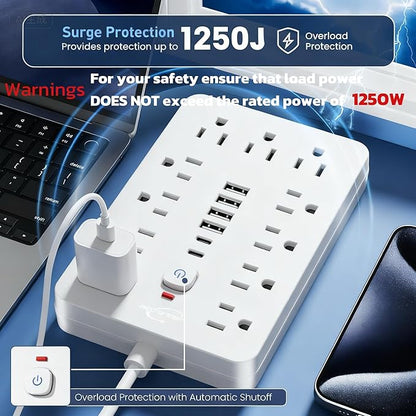 2 Pack 5 FT Flat Plug Surge Protector Power Strip,11 Multiple AC Outlets with 6 USB Ports (2 USB C), 5 Feet Extension Cord, 1250W/10A, One Touch Switch Button, 17 in 1 Compact powerstrip