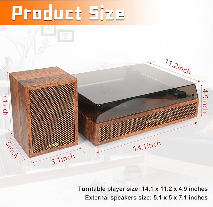 Vinyl Record Player with External Speakers, 3 Speed Bluetooth Turntable for Vinyl Records, Vintage Belt Drive Record Player with Stereo Speakers and Auto Stop, RCA Audio Out and Aux-in,Light Wood