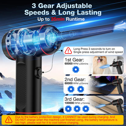 Compressed Air Duster, 100000RPM Handheld Car Vacuum/Air Blower& Pump, 3 Gear Adjustable Electric Air Duster/Car Vacuum Cleaner, Keyboard Duster with LED Light-10 Kits Air Blower for Computer(Black)
