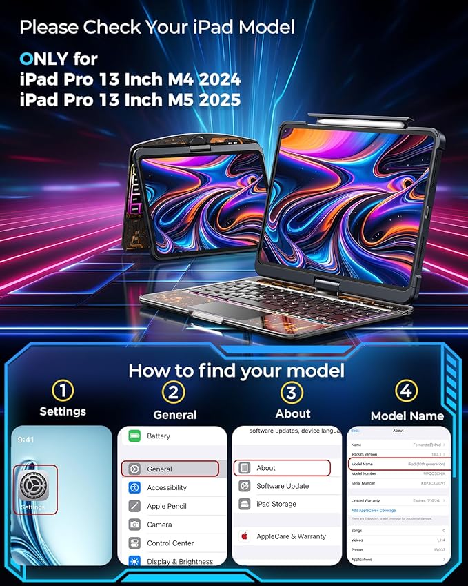 SIBEITU Keyboard Case for iPad Pro 13 Inch M5 2025 / M4 2024, Clear Wireless Protective Cover with Multi-Touch Trackpad, 7-Color Backlight & 3-Brightness, 360 Rotatable, Visible PCB Tech Design, Black