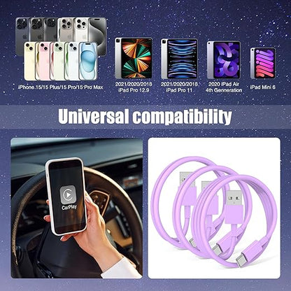 3-Pack Purple [3.3FT+3.3FT+6FT] USB A to USB C Cable，USB to USB C Car Carplay Cable for iPhone 16 15 Pro Plus Pro Max，for iPad Pro/Air/Mini，for Samsung S24/S23/S22/S21，for MacBook Pro/Air and More