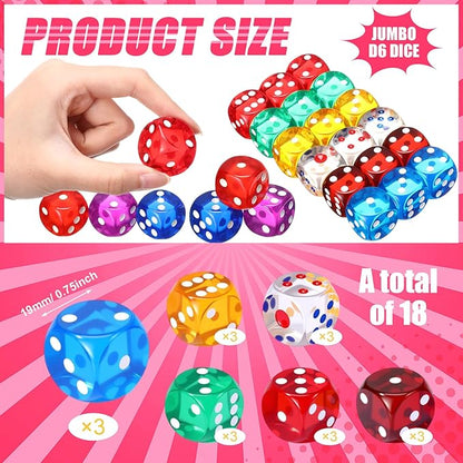 Seenelling 25 mm 18 Pcs Casino Theme Party Dice Large Opaque Jumbo Acrylic D6 Dice for Casino, Craps, Table Games and Board Games (Clear Color)