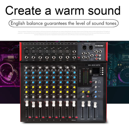 G-MARK MK800MP3 Professional Audio Mixer Sound Board 8 Channels Mixing Console with MP3 Player +48V Phantom Power Digital USB Bluetooth Reverb DJ Mixer Audio for PC Karaoke Stage Studio Recording
