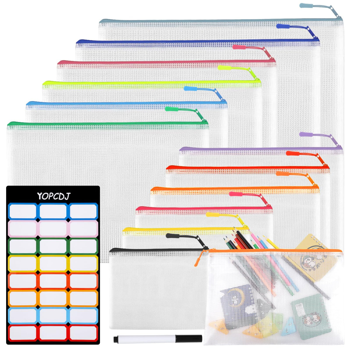 YOPCDJ 12pcs Mesh Zipper Pouch Bags, Extra Large A3 Puzzle Bag for Organizing, 12 Colors, 12 Packs, Classroom Must Have Storage Bag, File Bags for School, Board Games and Office Supplies