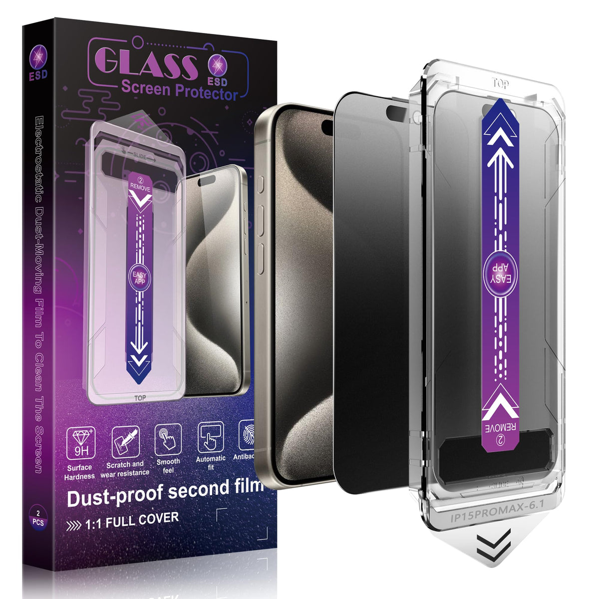 SHANG PIN JIA 2 Pack Screen Protector Tempered Glass for iPhone 15 Pro Max 6.7-Inch Auto Dust Removal, No Bubbles, High Definition Clear, Easy Installation