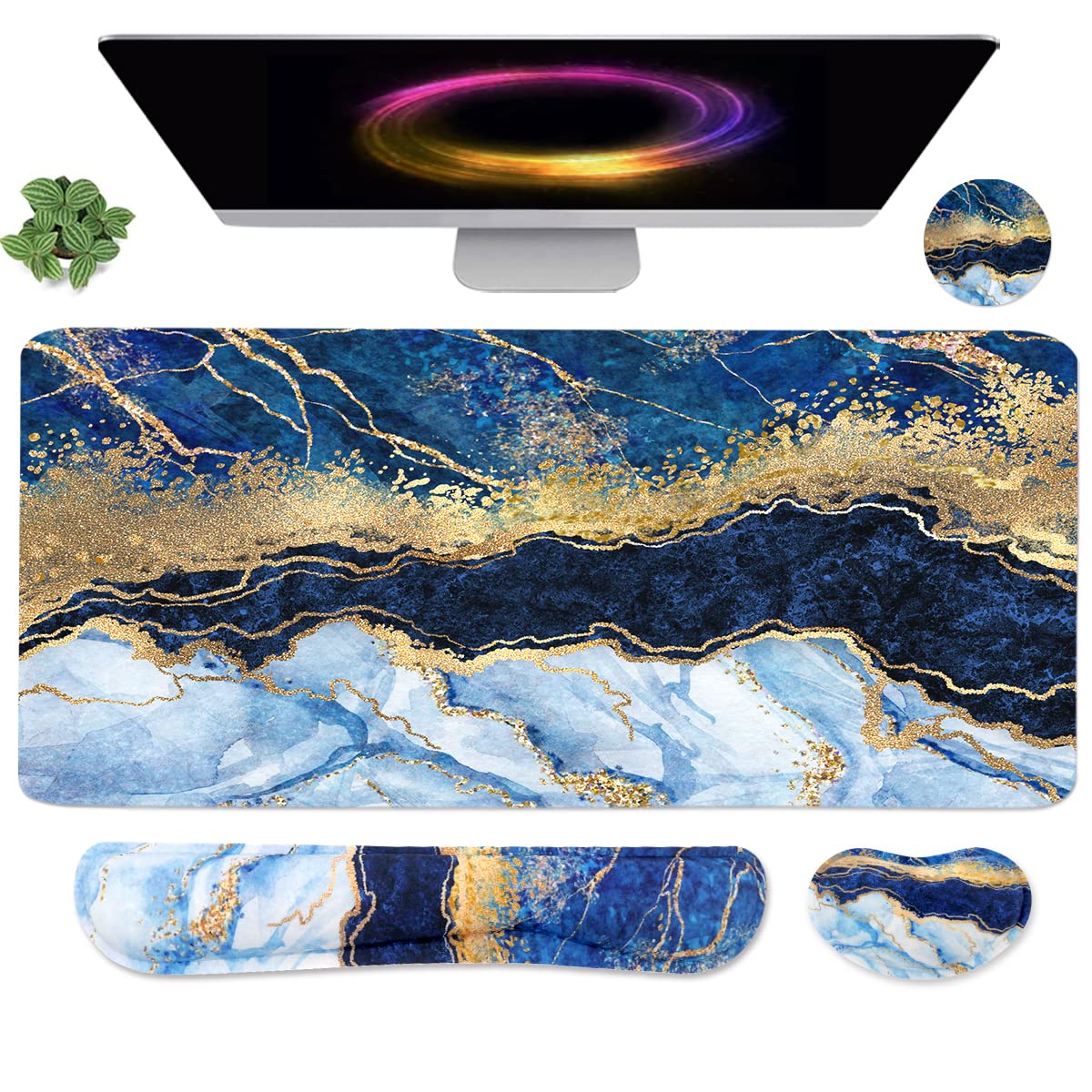 4-in-1 Large Gaming Mouse Pad, Keyboard Wrist Rest Pad & Wrist Support Mousepad Set, Extended Desk Pad Waterproof Desk Mat for Home Office Study Game - Blue Gold Marble